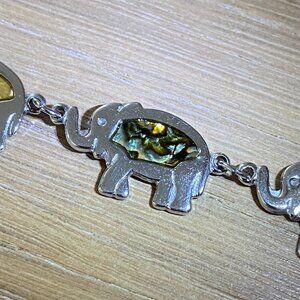 Elephant Bracelet Silver Tone Multicolored Inlay 7"